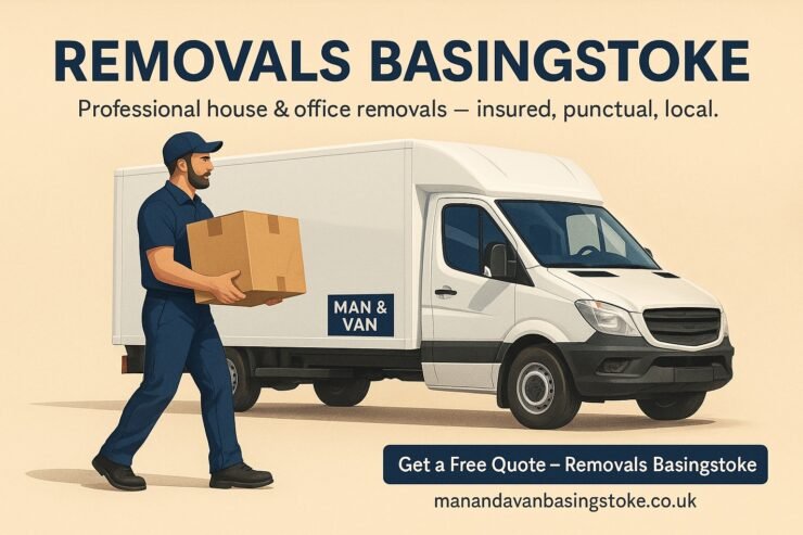 Professional Removals Basingstoke image showing a mover lifting a box beside a modern white van, representing reliable local moving services.
