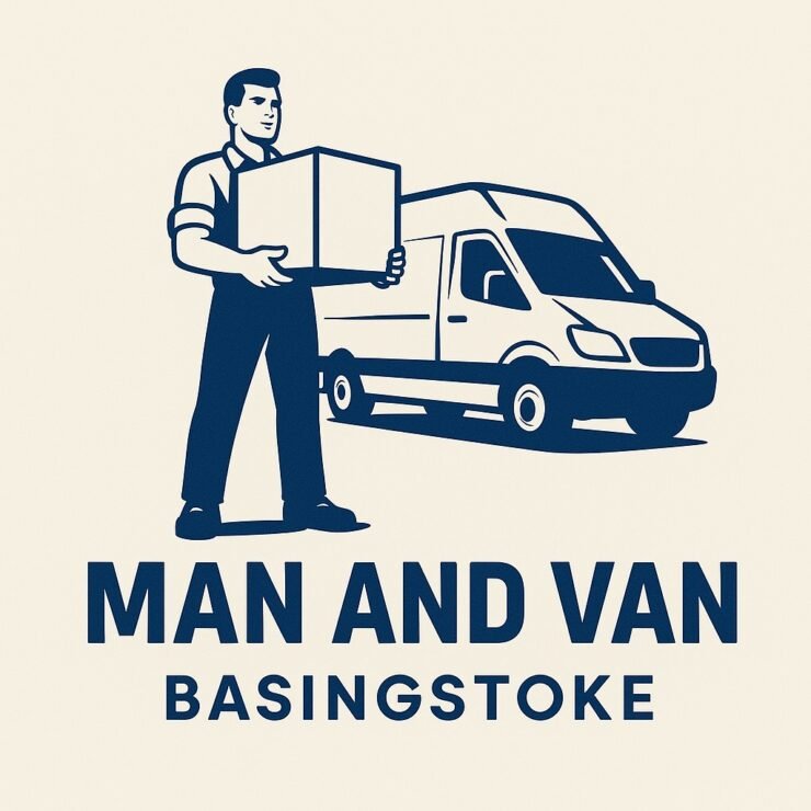 Professional Man and Van Basingstoke logo featuring a man lifting a box beside a white moving van on a beige background.