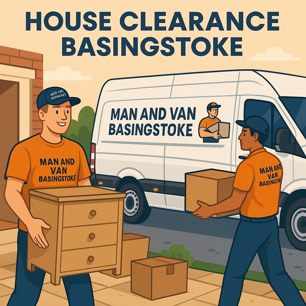 Two Man and Van Basingstoke movers clearing a house and loading items into a long wheelbase van for house clearance and flat clearance in Basingstoke.