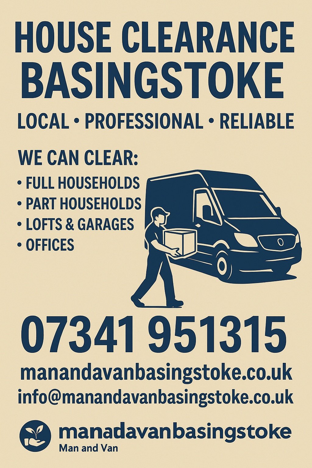 House Clearance Basingstoke flyer showing professional clearance services, furniture disposal and waste removal.