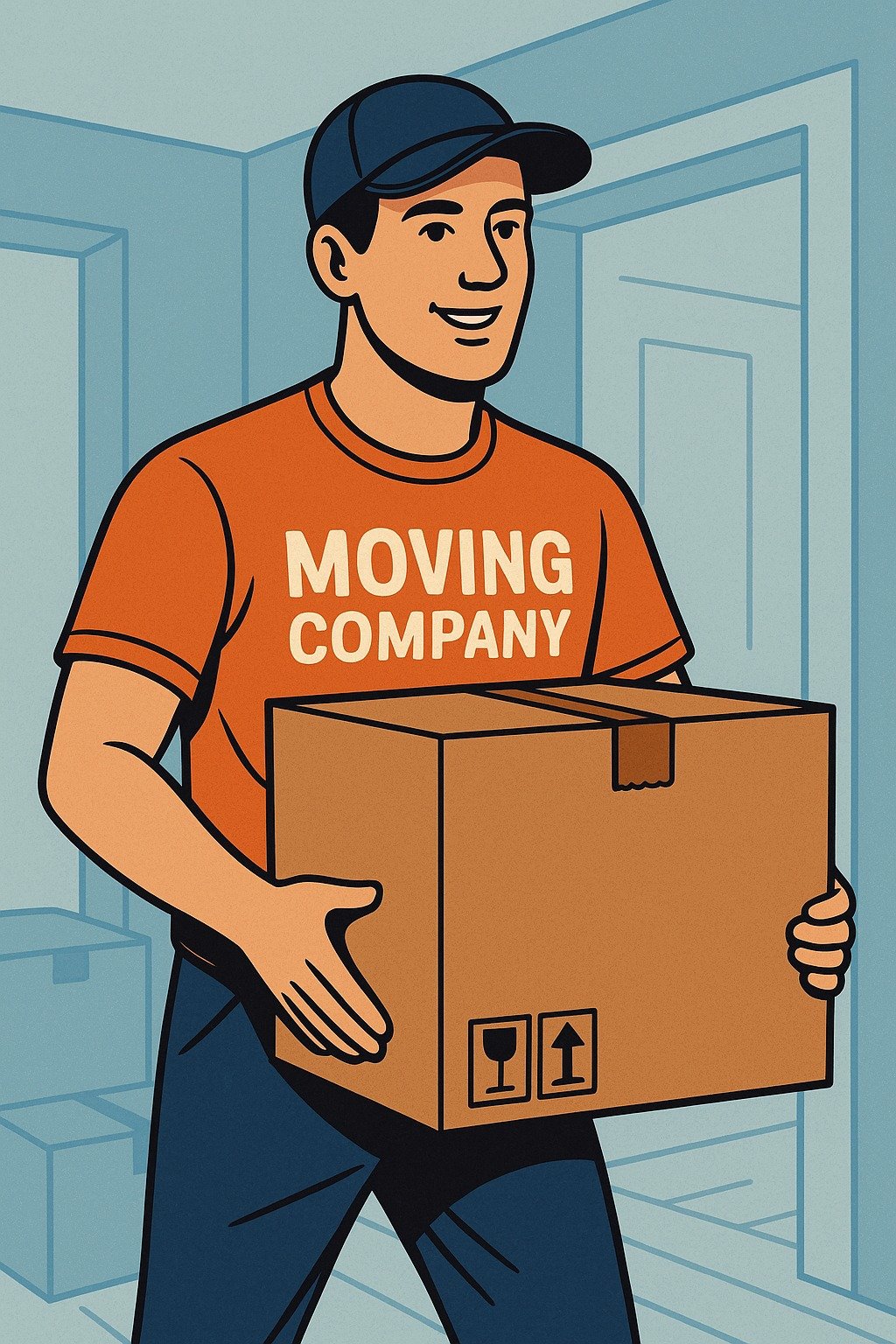 Mover carrying a fragile box while wearing an orange Man and Van Basingstoke uniform, representing careful moving services.
