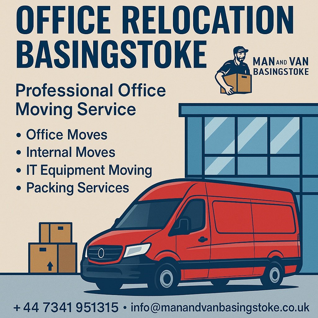Professional office relocation service in Basingstoke with Man and Van Basingstoke, featuring a mover handling office equipment for business relocations and commercial moves.