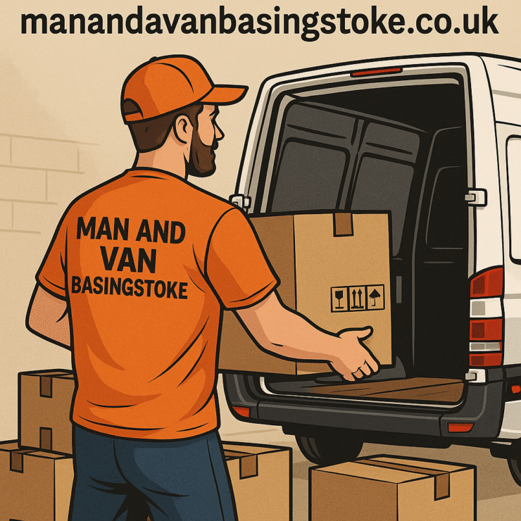 Mover wearing an orange Man and Van Basingstoke T-shirt loading boxes into a branded moving van with the website manandavanbasingstoke.co.uk displayed on top.